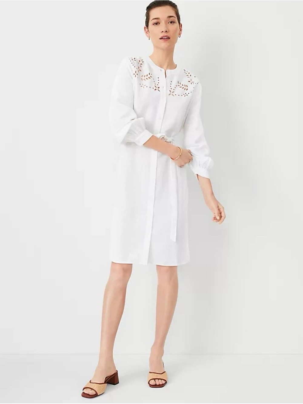 Ann Taylor White Eyelet Belted Linen Lined Dress with long sleeves